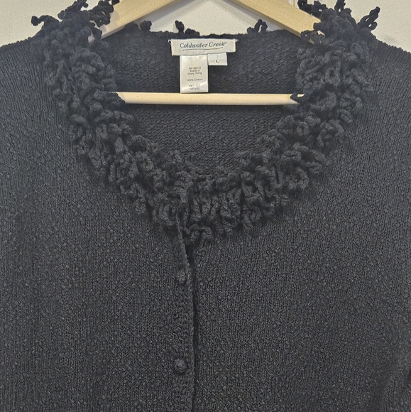 Cold water creek women cotton knit fringe  button front black cardigan size L - Picture 2 of 12